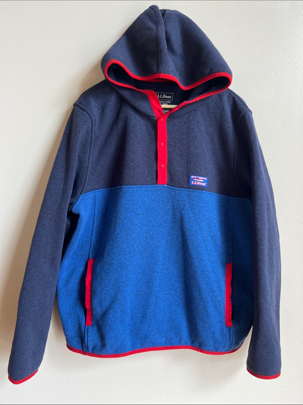 L.L.Bean Navy & Bright Blue Hooded Fleece pullover colorblock with Red Trim